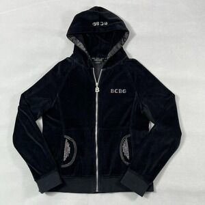 Y2K  Velour  Jacket Women Medium Black Rhinestone BCBG Max Azria‎ Full Zip VTG